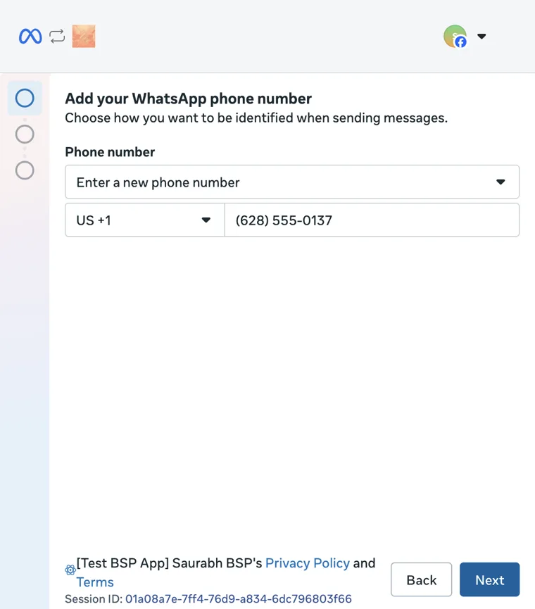Pantalla Add your WhatsApp phone number con el código de país y el número cargados.