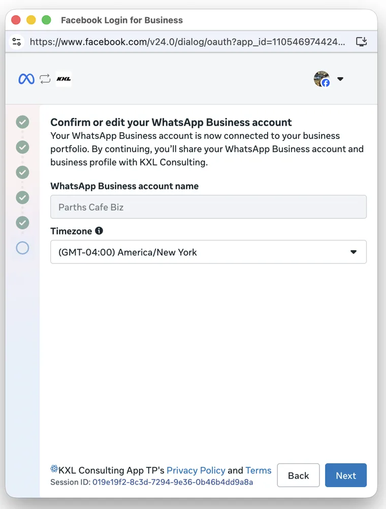 Pantalla Confirm or edit your WhatsApp Business account con el nombre de la cuenta y un desplegable de zona horaria.