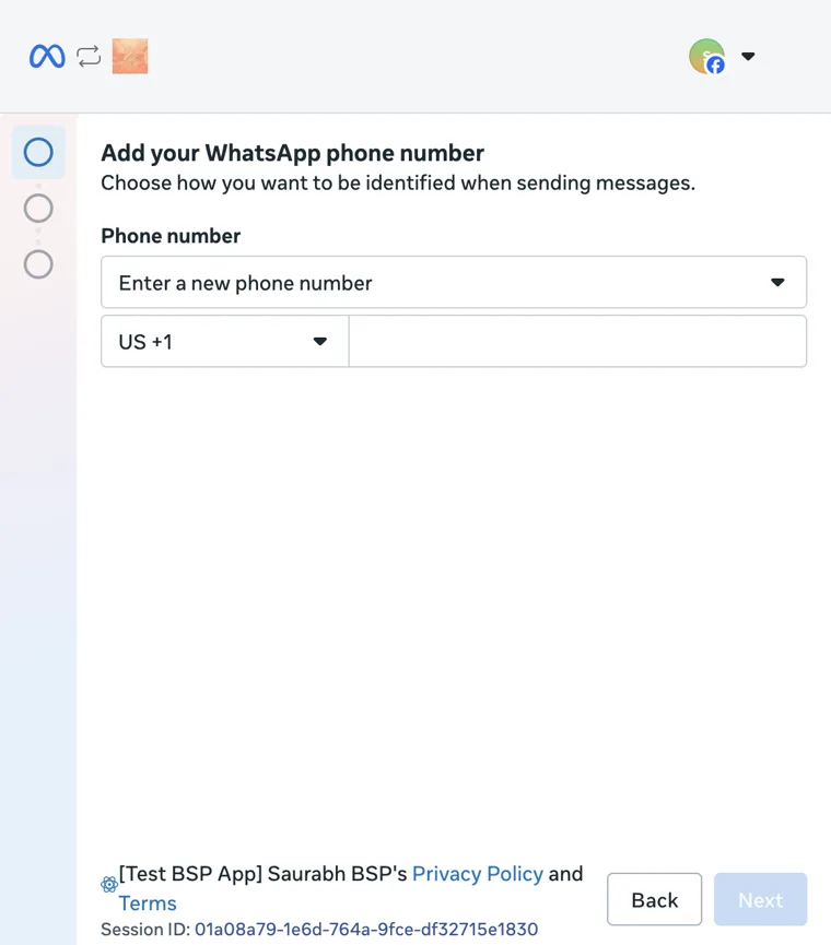 Pantalla Add your WhatsApp phone number con el desplegable Enter a new phone number.