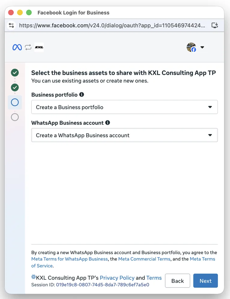 Pantalla Select the business assets con desplegables para el portfolio y la cuenta de WhatsApp Business.