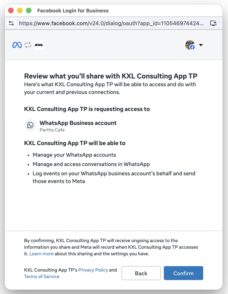 Pantalla de revisión con el resumen de accesos y permisos que se le dan a la app.